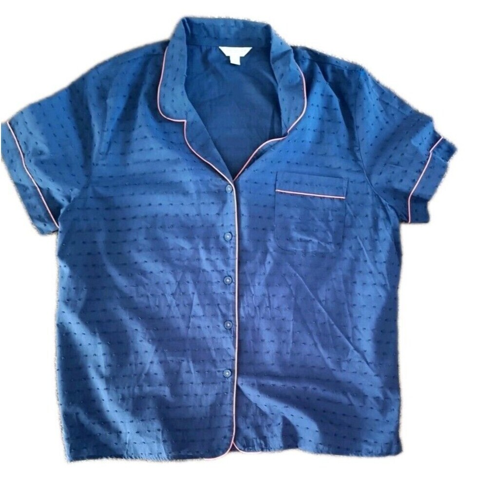 Charter Club Woven Cotton Pajama Top Size XL Blue Pink Trim Button Down New